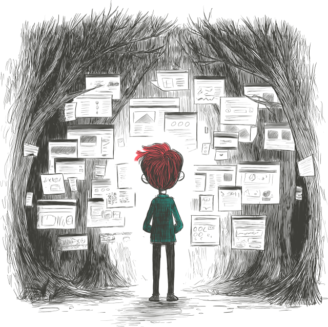 Sketch of a man lost in a forest filled with web pages