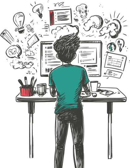 Sketch of web developer at a standing desk