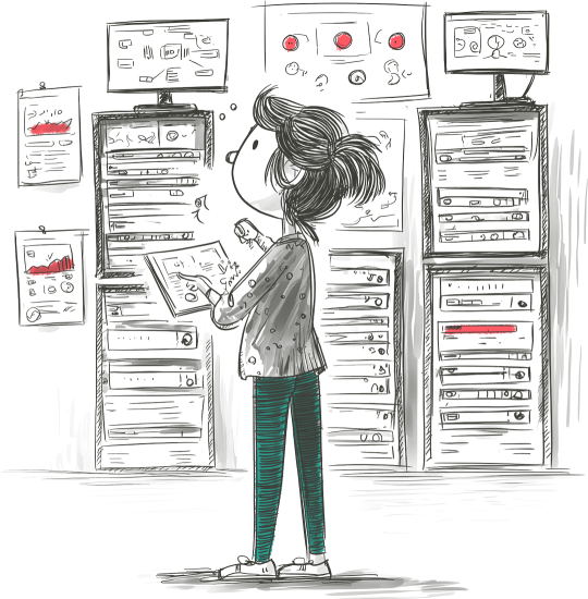 Sketch of a person monitoring and maintaining multiple servers