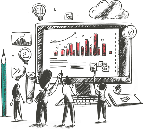 Sketch showing people working around a giant monitor