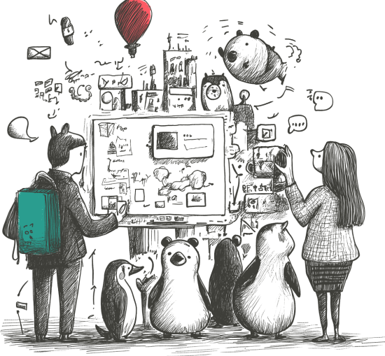 Sketch with people, penguins and pandas around a monitor