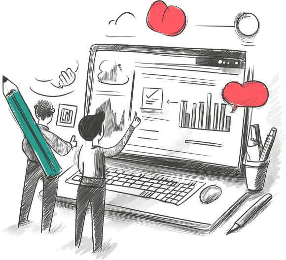 Sketch with people, working on a giant laptop